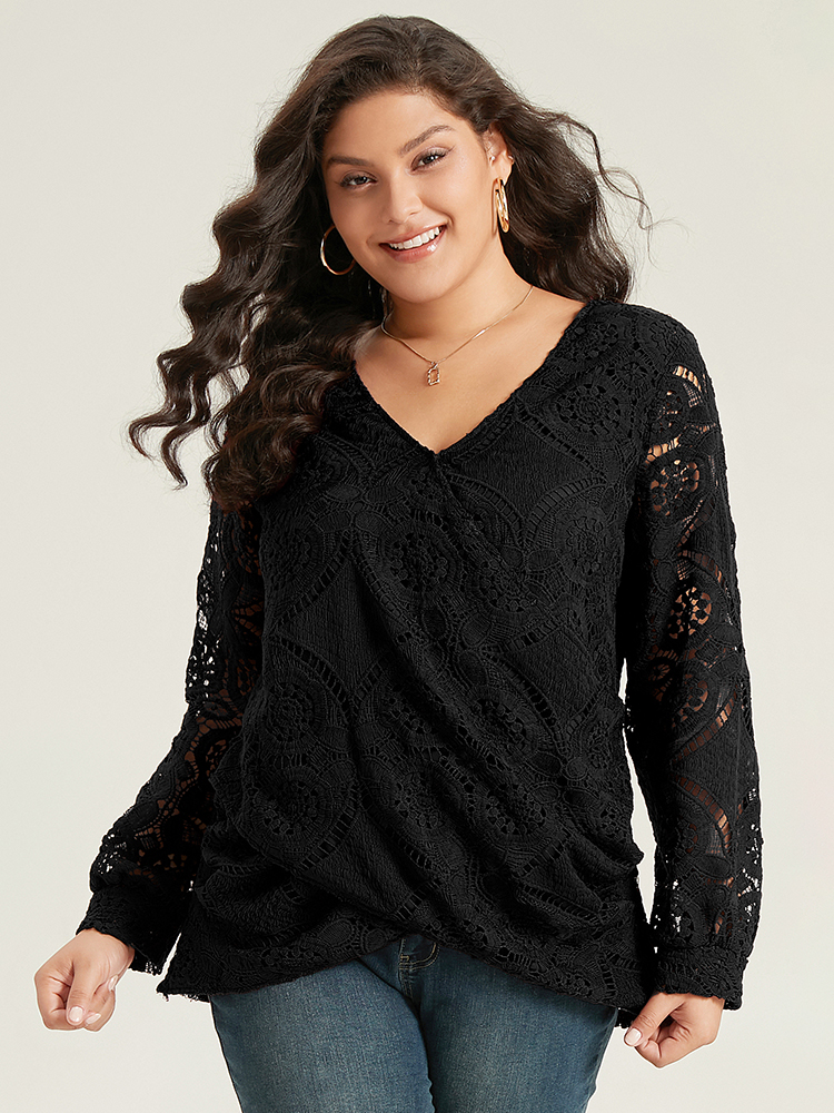 

Plus Size Black Plain Embroidered Guipure Lace Wrap Blouse Women Elegant Long Sleeve V-neck Dailywear Blouses BloomChic