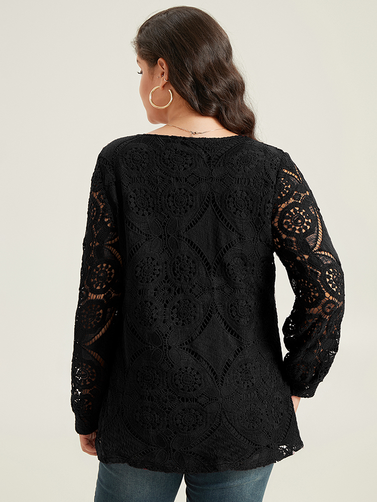 

Plus Size Black Plain Embroidered Guipure Lace Wrap Blouse Women Elegant Long Sleeve V-neck Dailywear Blouses BloomChic