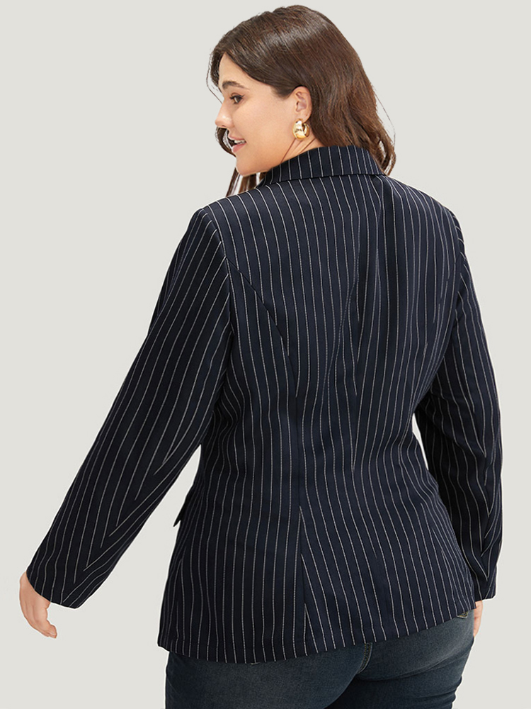Plus Size Suit Collar Striped Double Breasted Blazer Blue Women Work Striped Button Sleeve Long Sleeve Suit Collar 12/L Pocket Office Blazers BloomChic 