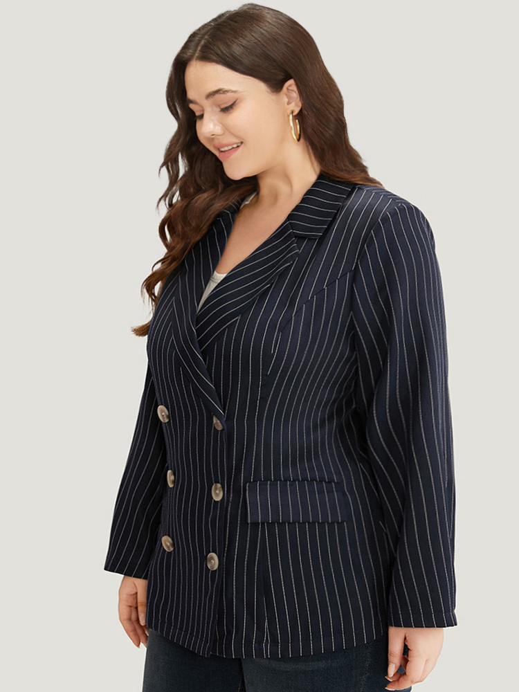 Plus Size Suit Collar Striped Double Breasted Blazer Blue Women Work Striped Button Sleeve Long Sleeve Suit Collar 12/L Pocket Office Blazers BloomChic 