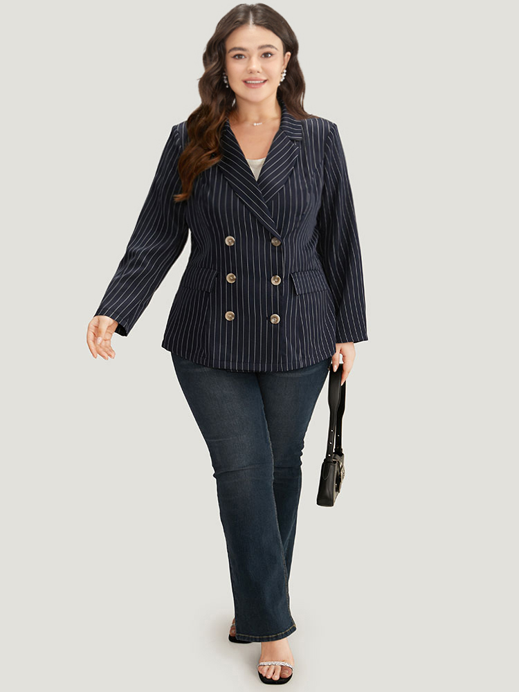 

Plus Size Suit Collar Striped Double Breasted Blazer Blue Women Work Striped Button Sleeve Long Sleeve Suit Collar  Pocket Office Blazers BloomChic