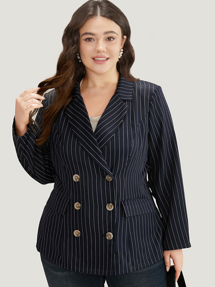 Plus Size Suit Collar Striped Double Breasted Blazer Blue Women Work Striped Button Sleeve Long Sleeve Suit Collar 12/L Pocket Office Blazers BloomChic 