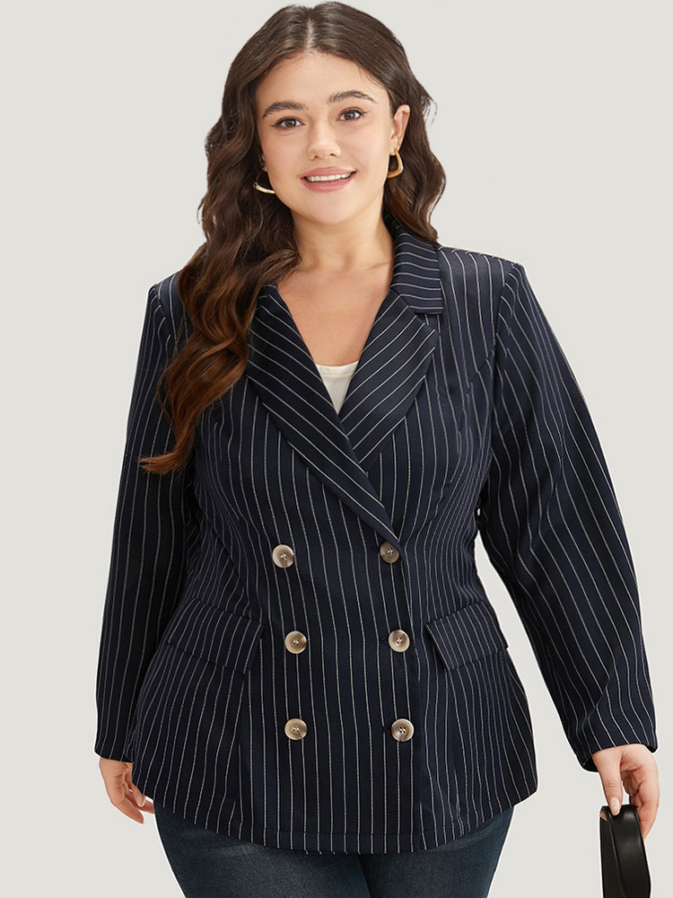 Plus Size Suit Collar Striped Double Breasted Blazer Blue Women Work Striped Button Sleeve Long Sleeve Suit Collar 12/L Pocket Office Blazers BloomChic 