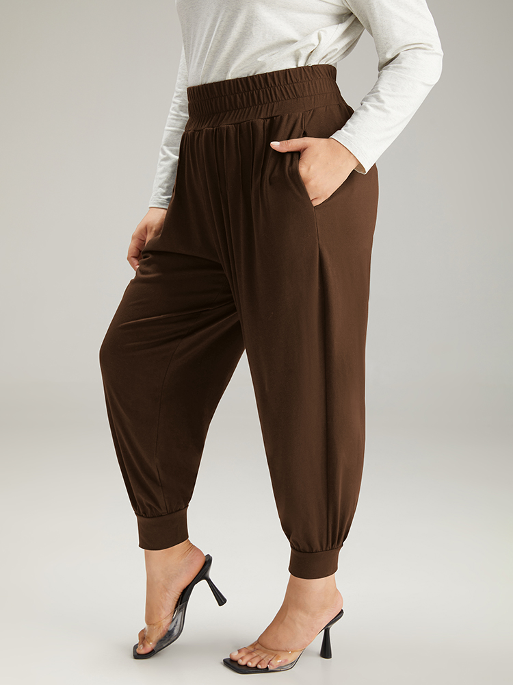 

Solid Shirred Pocket Harem Sweatpants DarkBrown Plus Size Women Casual Dailywear Tummy control  Bloomchic