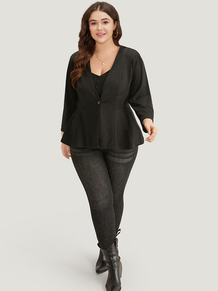 

Plus Size Plain Button Up Ruffle Hem Blazer Black Women Dailywear Plain Plain Sleeve Long Sleeve V-neck  Casual Blazers BloomChic