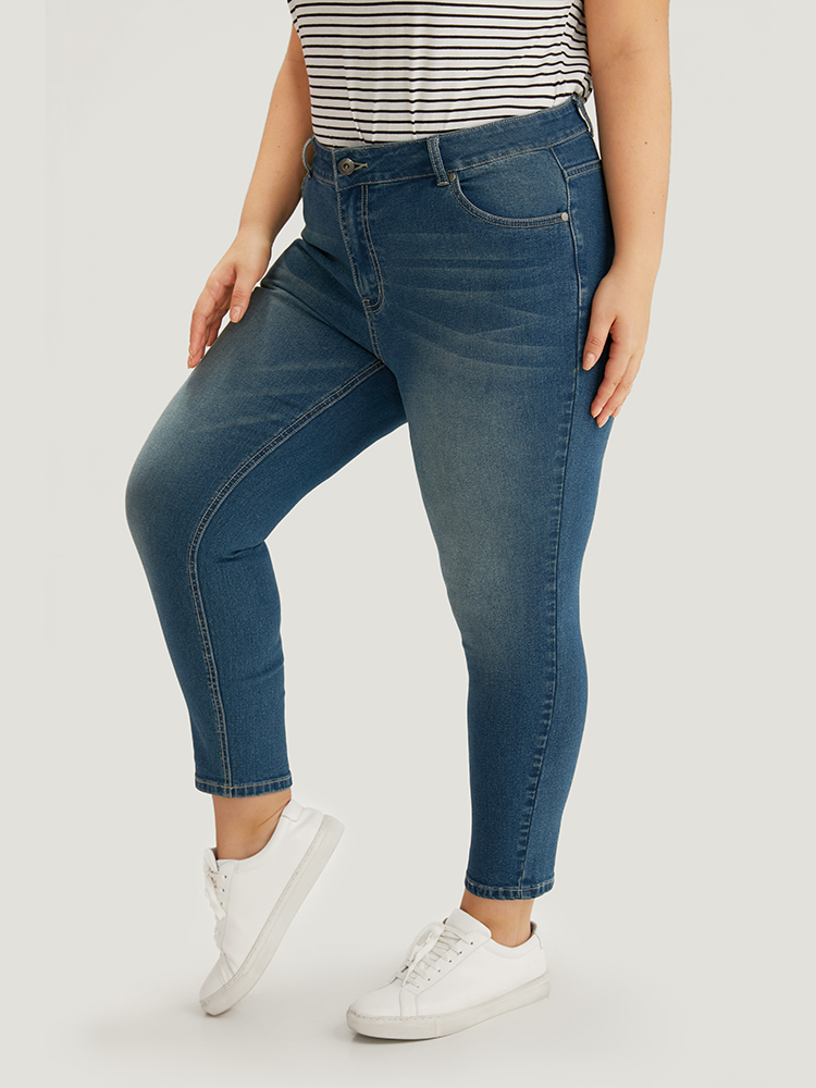 Plus Size Zipper Fly Skinny Medium Wash Jeans Women Cerulean Casual Plain Plain High stretch Pocket Jeans BloomChic 24/3X 