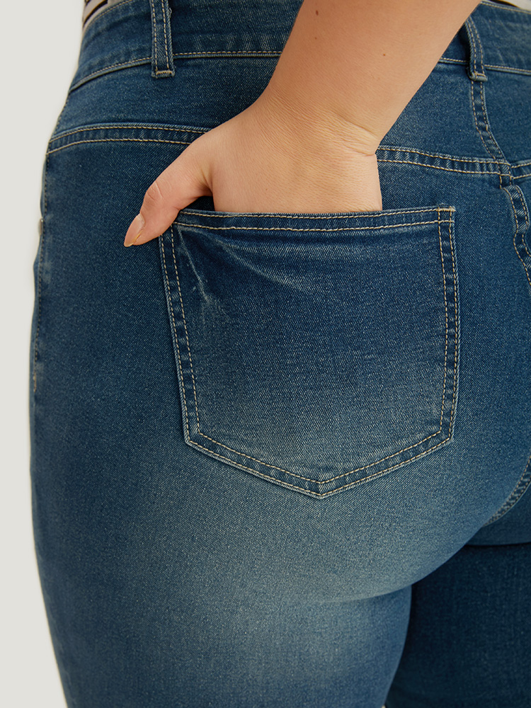 Plus Size Zipper Fly Skinny Medium Wash Jeans Women Cerulean Casual Plain Plain High stretch Pocket Jeans BloomChic 24/3X 