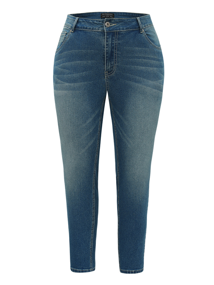 Plus Size Zipper Fly Skinny Medium Wash Jeans Women Cerulean Casual Plain Plain High stretch Pocket Jeans BloomChic 24/3X 