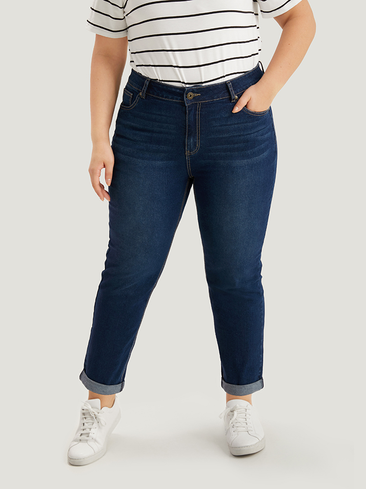 

Plus Size Plain Roll Hem Zipper Fly Jeans Women DarkBlue Casual Plain Plain High stretch Pocket Jeans BloomChic