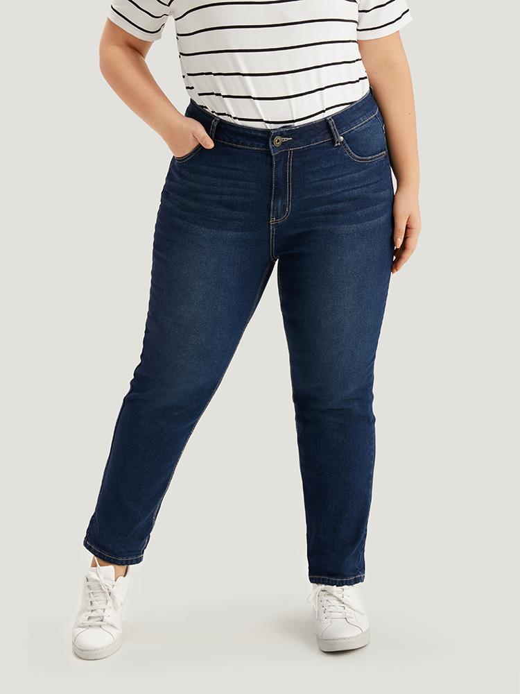 

Plus Size Plain Roll Hem Zipper Fly Jeans Women DarkBlue Casual Plain Plain High stretch Pocket Jeans BloomChic