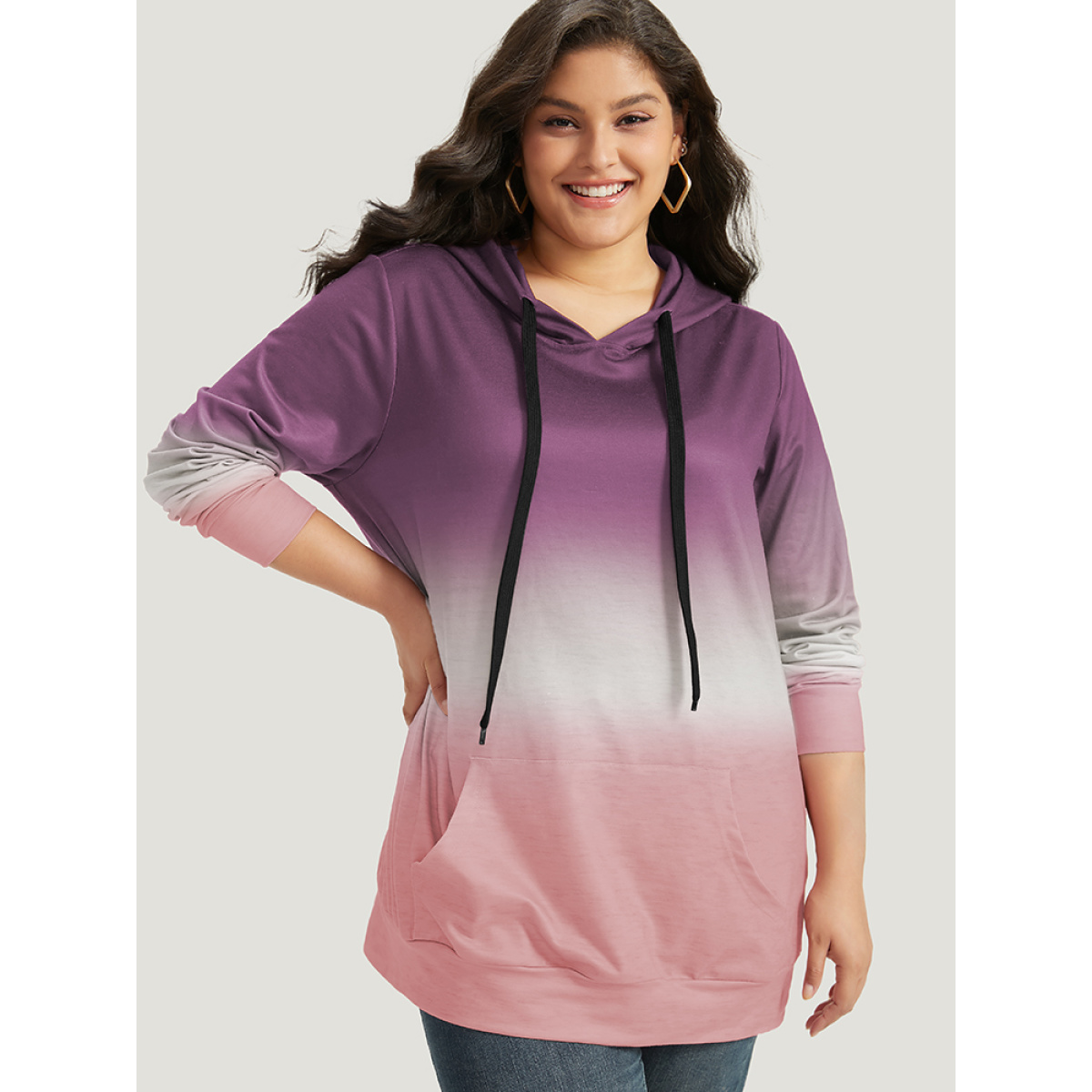 

Plus Size Ombre Pocket Drawstring Hooded Sweatshirt Women Lilac Casual Elastic cuffs Hooded Everyday Sweatshirts BloomChic