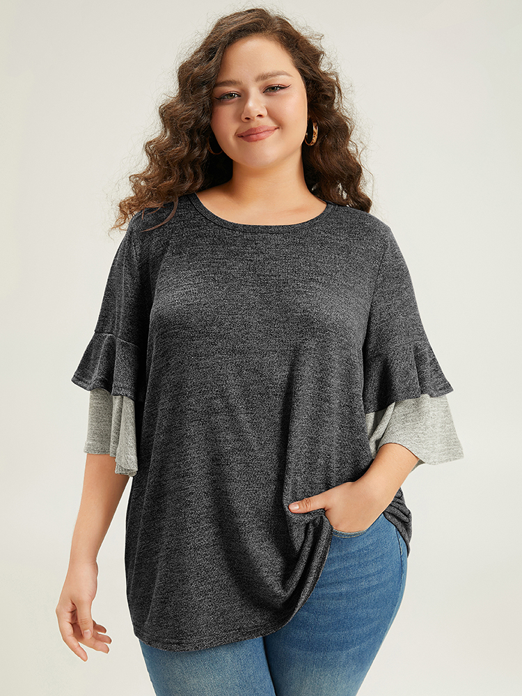 

Plus Size Contrast Layered Flutter Sleeve T-shirt DimGray Round Neck Half Sleeve Casual Jersey Tops