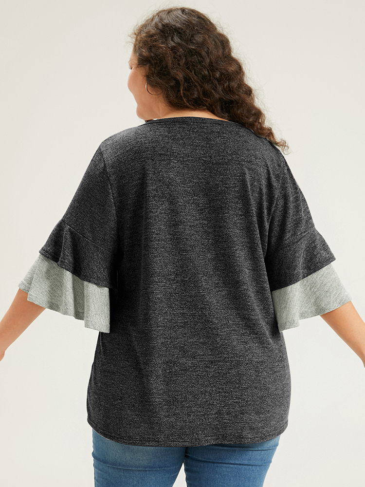 

Plus Size Contrast Layered Flutter Sleeve T-shirt DimGray Round Neck Half Sleeve Casual Jersey Tops