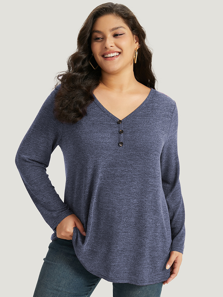Plus Size Heather Button Up Long Sleeve T-shirt Blue Women Casual Heather Plain V-neck Everyday T-shirts BloomChic 22-24/3X 