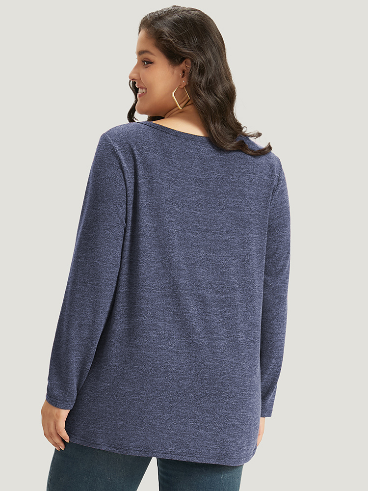 

Plus Size Heather Button Up Long Sleeve T-shirt Blue Women Casual Heather Plain V-neck Everyday T-shirts BloomChic