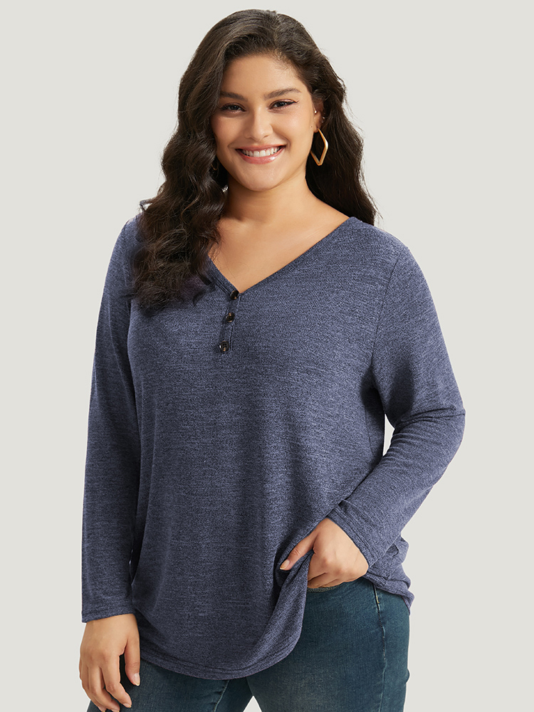 Plus Size Heather Button Up Long Sleeve T-shirt Blue Women Casual Heather Plain V-neck Everyday T-shirts BloomChic 22-24/3X 