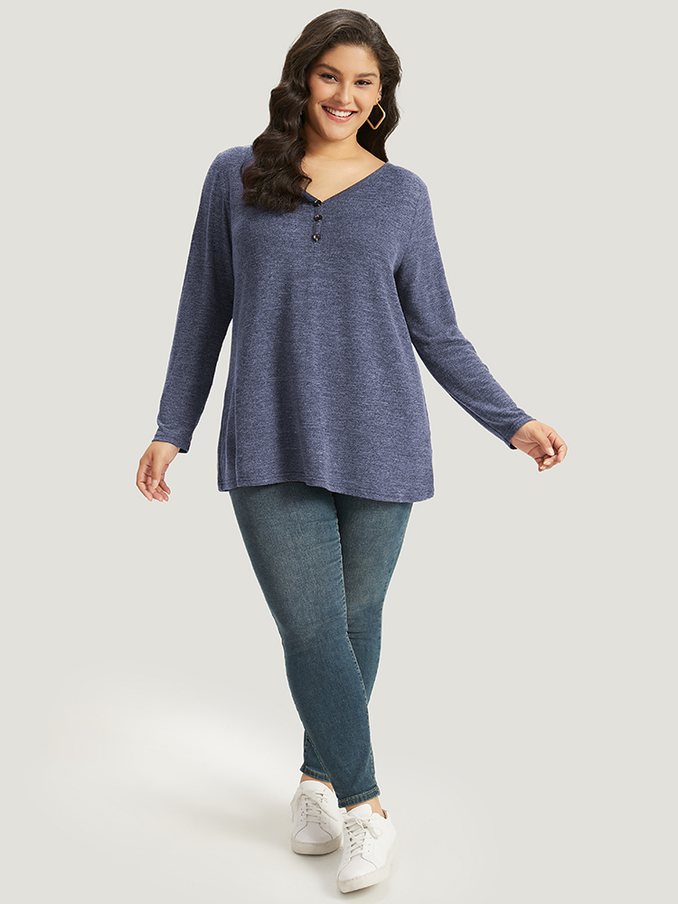 Plus Size Heather Button Up Long Sleeve T-shirt Blue Women Casual Heather Plain V-neck Everyday T-shirts BloomChic 22-24/3X 