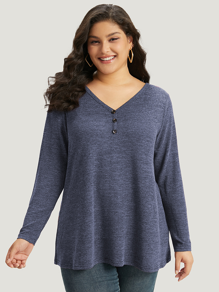 Plus Size Heather Button Up Long Sleeve T-shirt Blue Women Casual Heather Plain V-neck Everyday T-shirts BloomChic 22-24/3X 