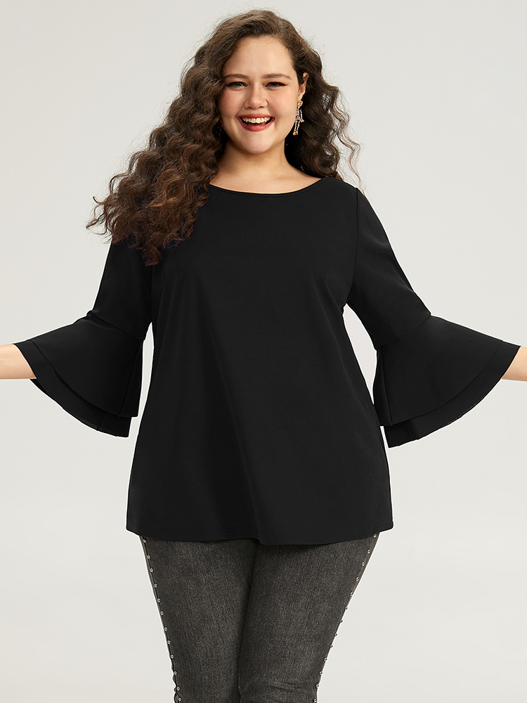 

Plus Size Halloween Solid Flutter Trim Tiered T-shirt Black Round Neck Elbow-length sleeve Elegant Jersey Tops