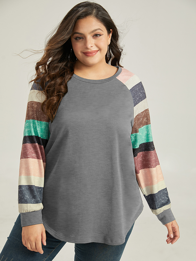 

Plus Size Striped Patchwork Contrast Raglan Sleeve Sweatshirt Women Gray Casual Contrast Round Neck Dailywear Sweatshirts BloomChic