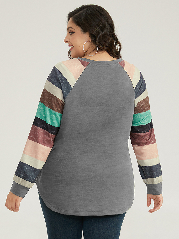 

Plus Size Striped Patchwork Contrast Raglan Sleeve Sweatshirt Women Gray Casual Contrast Round Neck Dailywear Sweatshirts BloomChic