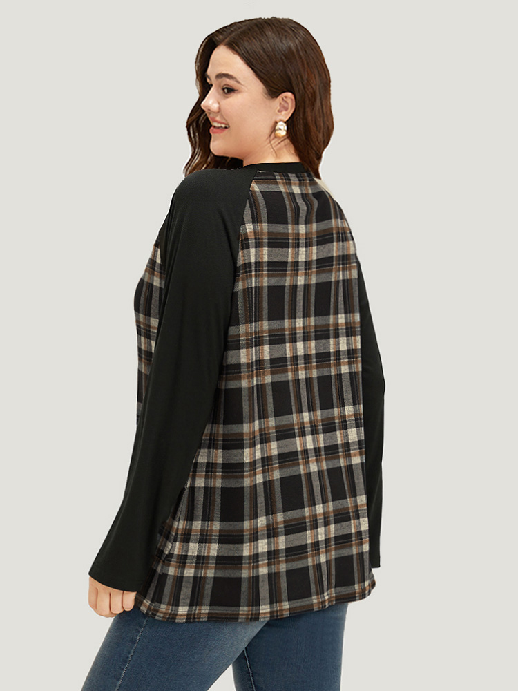 

Plus Size Plaid Raglan Sleeve Crew Neck T-shirt DarkBrown Women Casual Patchwork Plaid Round Neck Dailywear T-shirts BloomChic