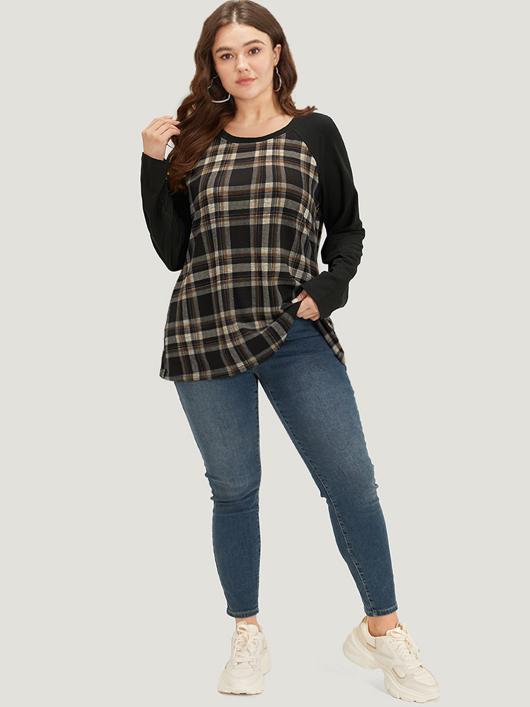 

Plus Size Plaid Raglan Sleeve Crew Neck T-shirt DarkBrown Women Casual Patchwork Plaid Round Neck Dailywear T-shirts BloomChic