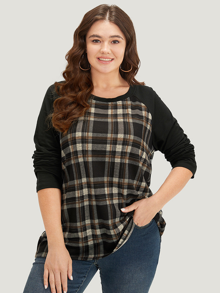 Plus Size Plaid Raglan Sleeve Crew Neck T-shirt DarkBrown Women Casual Patchwork Plaid Round Neck Dailywear T-shirts BloomChic 10/M 