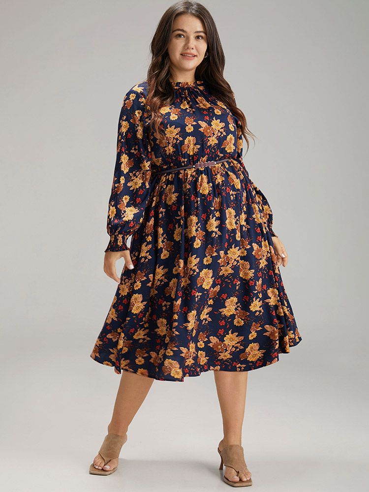 

Plus Size Supersoft Essentials Floral Print Mock Neck Dress DarkBlue Women Elegant Printed Mock Neck Long Sleeve Curvy Midi Dress BloomChic