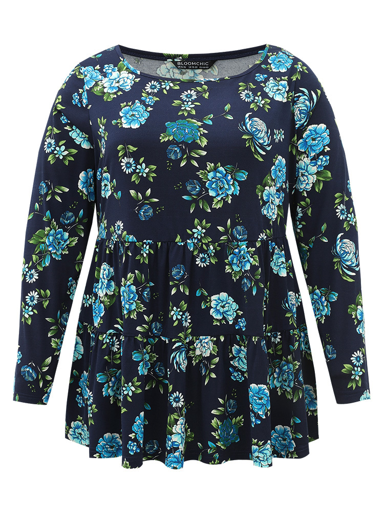 

Floral Print Flutter Hem Gathered T-shirt, Darkblue