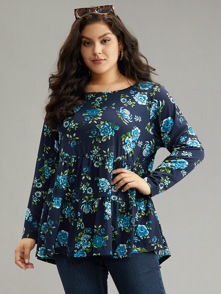 

Plus Size Floral Print Flutter Hem Gathered T-shirt DarkBlue Round Neck Long Sleeve Elegant Jersey Tops