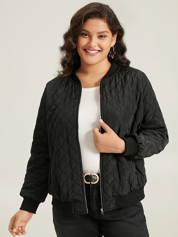 

Plus Size Geometric Quilted Patchwork Zipper Bomber Jacket Women Black Elastic cuffs Pocket Everyday Jackets BloomChic