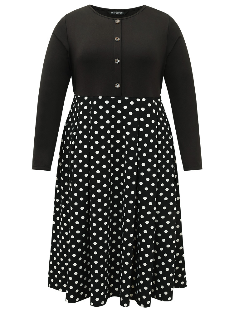 

Plus Size Polka Dot Pocket Button Up Patchwork Dress Black Women Office Contrast Round Neck Long Sleeve Curvy Midi Dress BloomChic