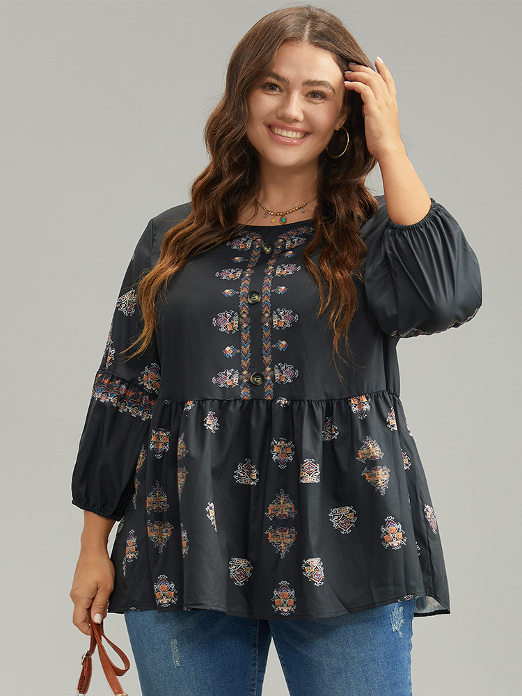Plus Size Women Vacation Bohemian Print Gathered Lantern Sleeve Elbow-length sleeve Round Neck Vacation Blouses BloomChic 