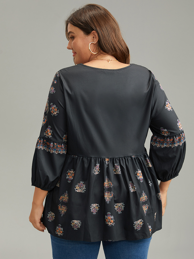 Plus Size Women Vacation Bohemian Print Gathered Lantern Sleeve Elbow-length sleeve Round Neck Vacation Blouses BloomChic 