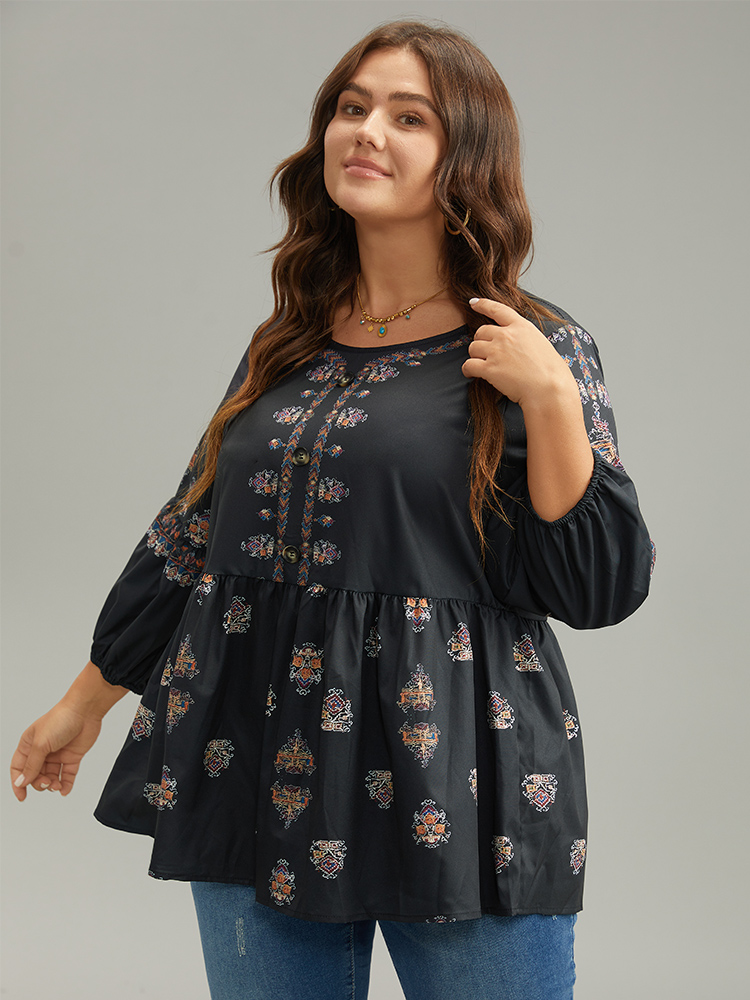 Plus Size Women Vacation Bohemian Print Gathered Lantern Sleeve Elbow-length sleeve Round Neck Vacation Blouses BloomChic 