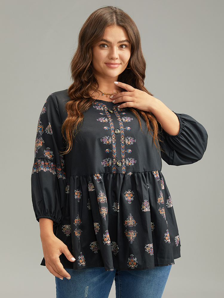 Plus Size Women Vacation Bohemian Print Gathered Lantern Sleeve Elbow-length sleeve Round Neck Vacation Blouses BloomChic 
