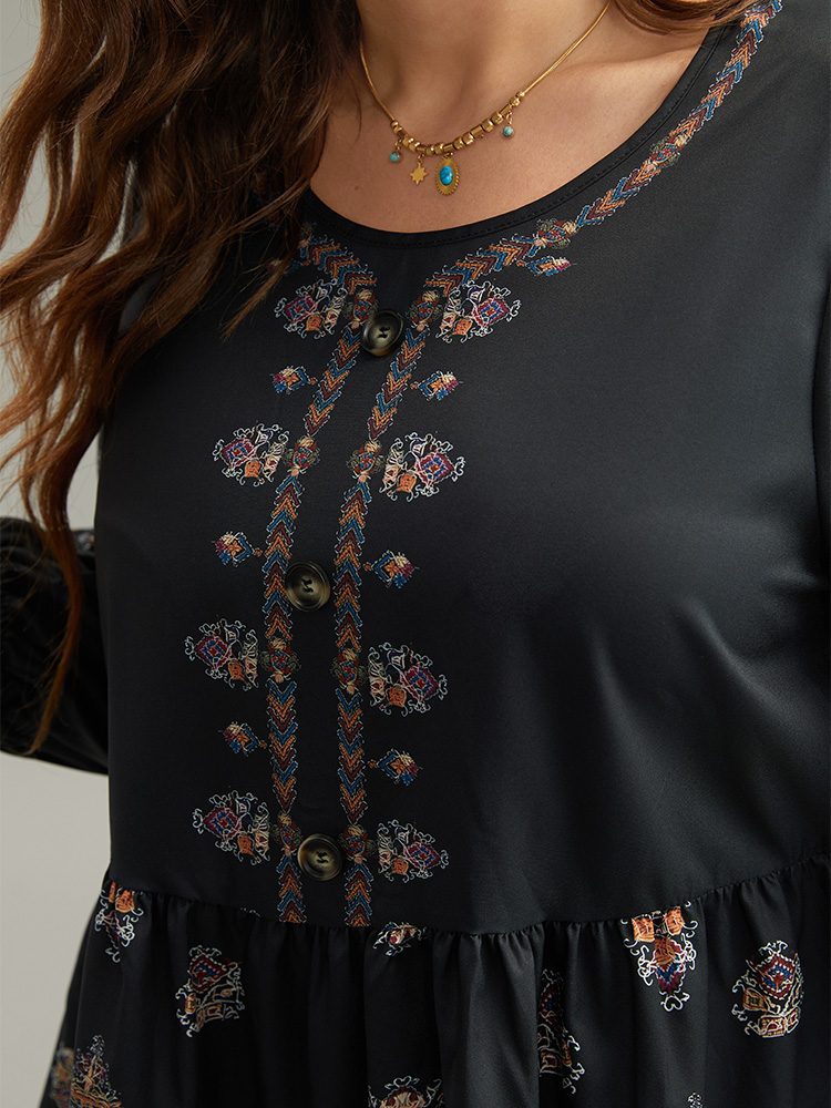 Plus Size Women Vacation Bohemian Print Gathered Lantern Sleeve Elbow-length sleeve Round Neck Vacation Blouses BloomChic 
