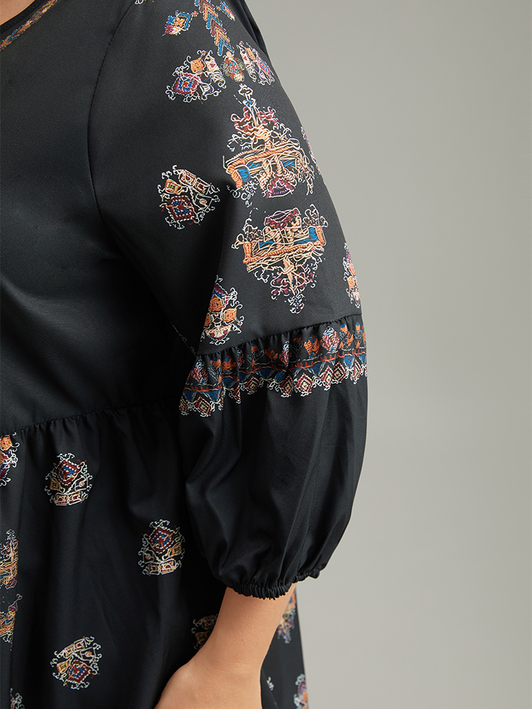 

Plus Size Black Boho Print Lantern Sleeve Button Detail Blouse Women Vacation Elbow-length sleeve Round Neck Vacation Blouses BloomChic