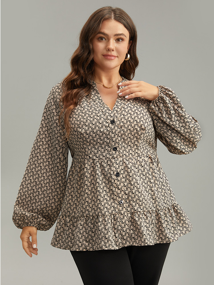 

Plus Size LightBrown Geometric Print Button Through Lantern Sleeve Blouse Women Office Long Sleeve V-neck Work Blouses BloomChic