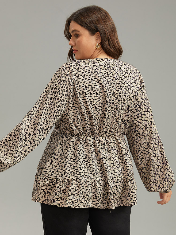 Plus Size LightBrown Geometric Print Button Through Lantern Sleeve Blouse Women Office Long Sleeve V-neck Work Blouses BloomChic 12/L 