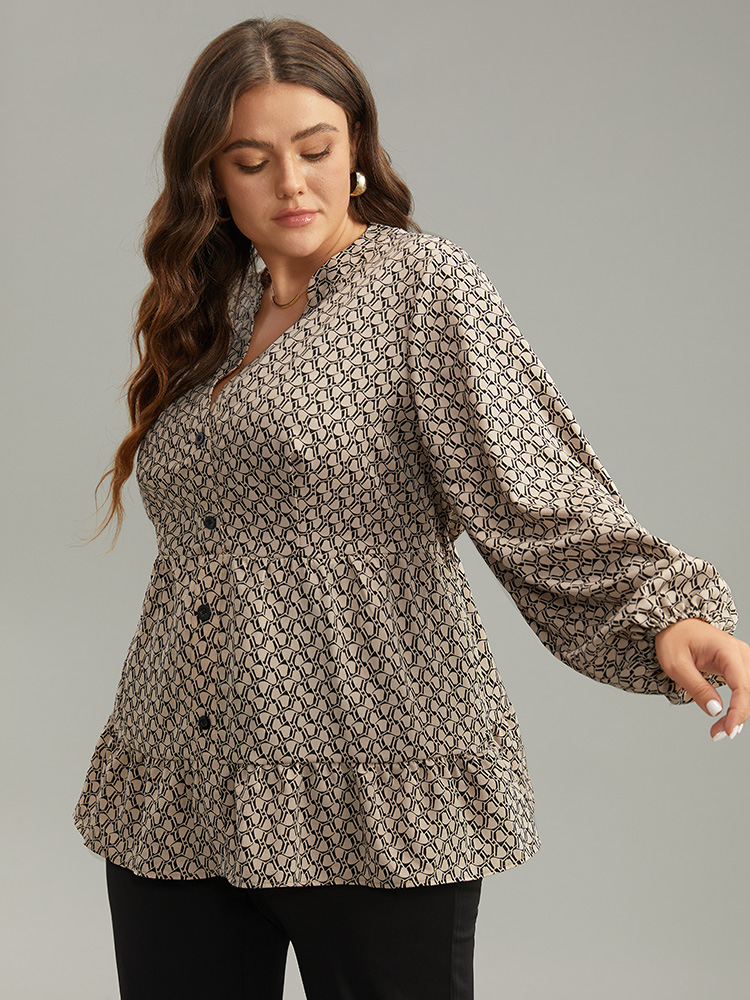 Plus Size LightBrown Geometric Print Button Through Lantern Sleeve Blouse Women Office Long Sleeve V-neck Work Blouses BloomChic 12/L 