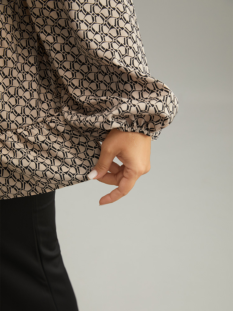 Plus Size LightBrown Geometric Print Button Through Lantern Sleeve Blouse Women Office Long Sleeve V-neck Work Blouses BloomChic 12/L 