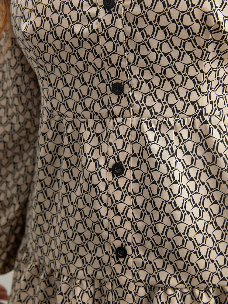 Plus Size LightBrown Geometric Print Button Through Lantern Sleeve Blouse Women Office Long Sleeve V-neck Work Blouses BloomChic 12/L 