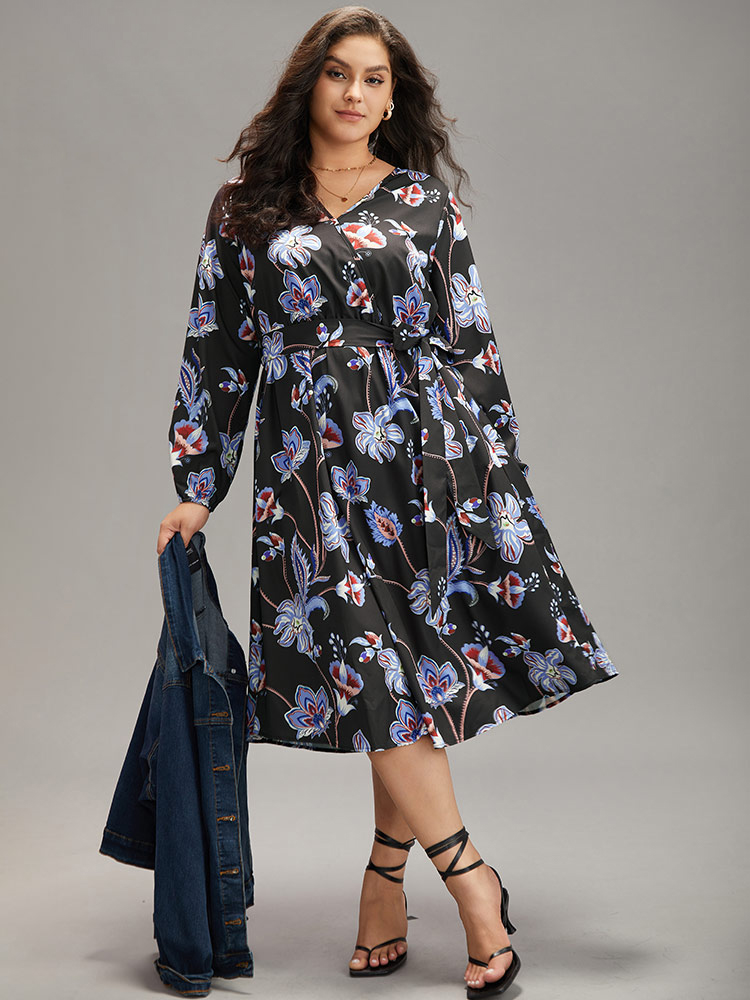 

Plus Size Floral Print Elastic Cuffs Belted Dress Black Women Elegant Elastic cuffs V-neck Long Sleeve Curvy Midi Dress BloomChic