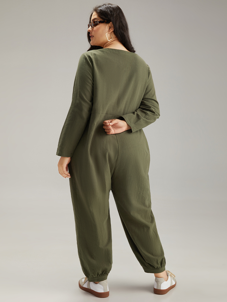 

Plus Size ArmyGreen Plain Pocket Button Up Pleated Jumpsuit Women Basics Long Sleeve Round Neck Everyday Loose Jumpsuits BloomChic