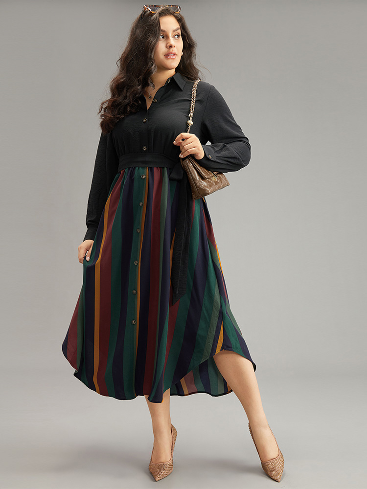 

Plus Size Colour Striped Patchwork Belted Button Through Dress Indigo Women Office Belted Shirt collar Long Sleeve Curvy Midi Dress BloomChic