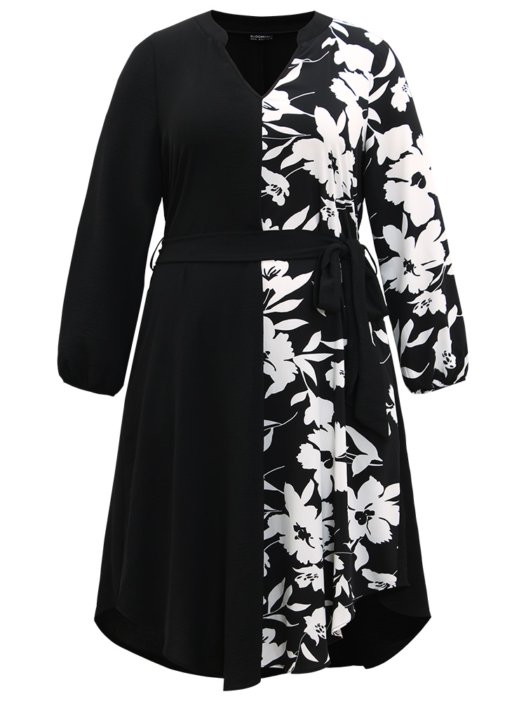 

Plus Size Silhouette Floral Print Patchwork Pocket Dress Black Women Office Elastic cuffs Notched collar Long Sleeve Curvy Midi Dress BloomChic