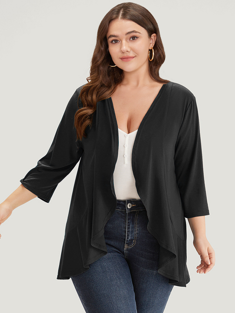 

Plus Size Supersoft Essentials Drape Open Front Flutter Hem Kimono Women Black Casual Drape Dailywear Kimonos BloomChic