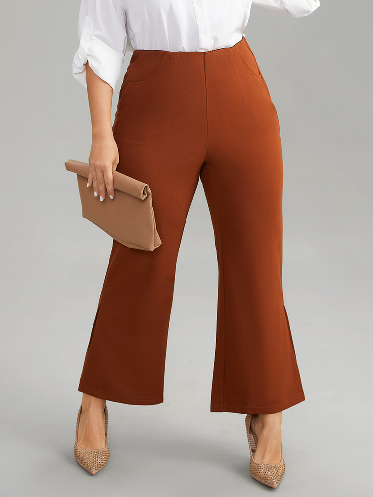 

Plus Size Plain Split Side Pocket Pants Women Rust Elegant Flare Leg High Rise Dailywear Pants BloomChic